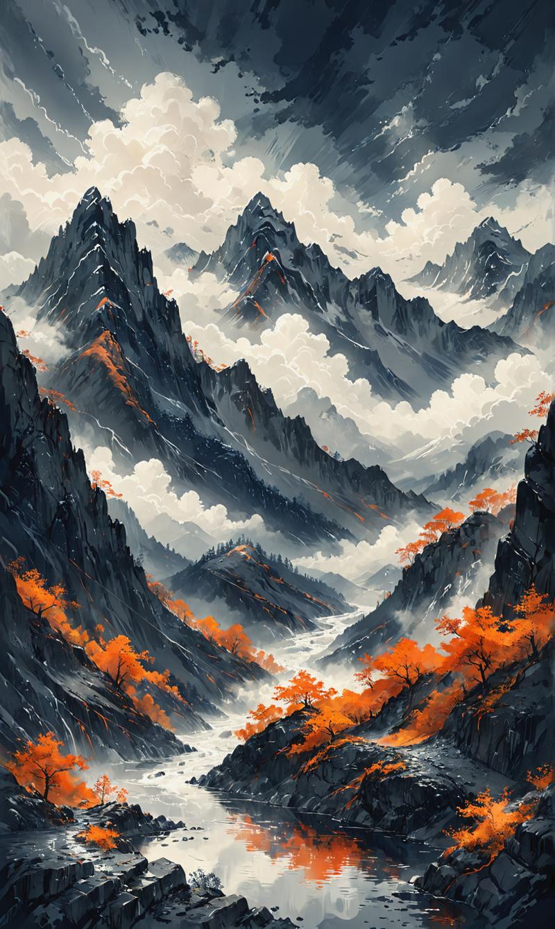 03837-2463535269-Mountains, in the style of dark silver and orange, clouds, cartoonish innocence, slumped_draped, made of emotions, light white a.png